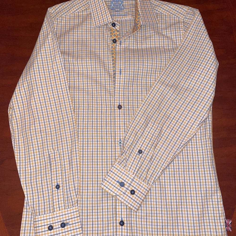 English Laundry Boys Dress shirt sz 10 EUC Yellow Blue checkered w/ lined cuffs